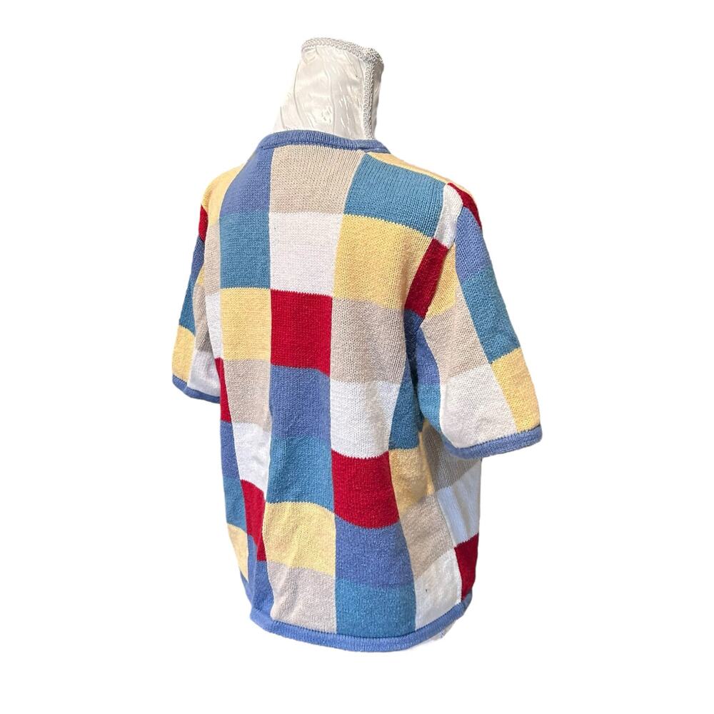 Patchwork Checked Knit Short Sleeve Cardigan Wome… - image 4